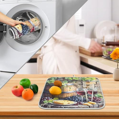 Red Wine Bottles Grapes Cheese Rustic Dish Drying Mats for Kitchen Counter Absorbent Microfiber Dish Drying Matt 16 x 18 Inch Draining Reusable Rack Pad - size: 16x18in