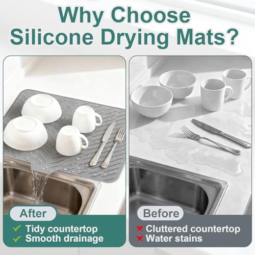 Silicone Dish Drying Mat 23x17,Food-Grade Silicone,Easy Clean Pad for Countertop Protection,Heat Resistant,Easy Clean,Non-Slip Drain Pad with Built-in Drain,Multi-Functional Use,Gray - color: Gray, size: 23" x 17"