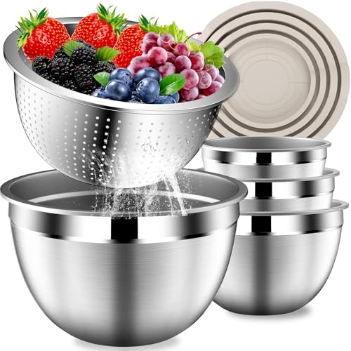 DUTZUN Stainles Steel Mixing Bowls with Lids Set, Stackable Metal Mixing & Serving Bowl with Strainer, 5-Piece - Beige - style: 9PCS Beige