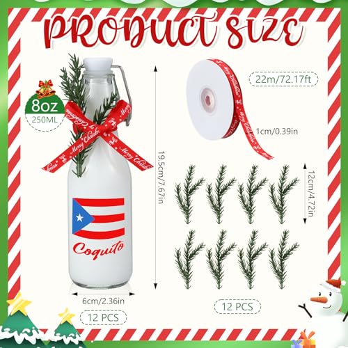 Sieral 12 Pack Christmas Puerto Rico Coquito Swing Top Glass Bottle 8oz Clear Flip Top Beer Brewing Bottles with Ribbon and Artificial Branches for Liquids Wine Christmas Xmas Gifts - style: Puerto Rico