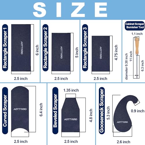 Cabinet Card Scrapers Set with Burnisher - 6 Shapes High-Strength Blue Spring Steel Woodworking Tools for Engraving, Deburring, Polishing & Contour Sanding - size: Set C+Rod