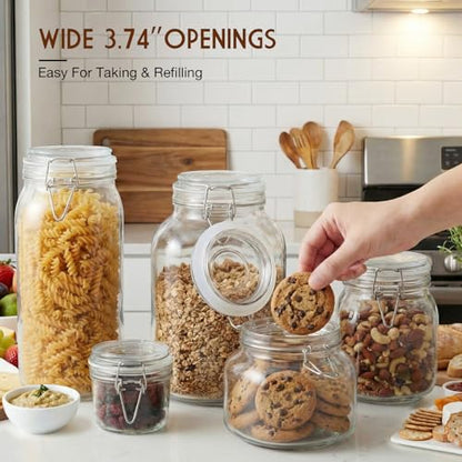 5 Pack Wide Mouth Mason Jars with Clamp Lids, 101oz, 68oz, 34oz, 25oz, and 7oz Glass Jars with Airtight Lids, Kitchen Airtight Food Storage Canister for Pantry Spaghetti, Cereal, Rice, Sugar
