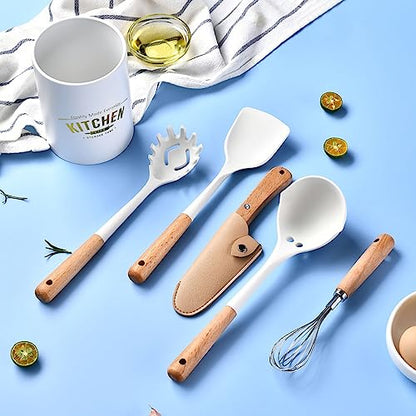 6pcs White Mini Silicone Kitchen Utensils Set, Non-stick Kitchenware Spatula Set with Holder, Cooking Tools Accessories. Include Turner, Soup Spoon, Pasta Server, Whisk, Fruit Knife. - color: 6pcs cooking utensils