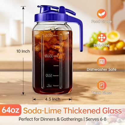 64oz Glass Pitcher with Lid & Spout – 2 Quart Mason Jars, Airtight & Leakproof Breastmilk Pitcher for Cold Brew Coffee, Sun Tea, Water, Juice – Wide Mouth, Fridge Safe - color: Blue, size: 64 Ounces