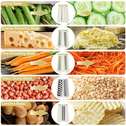 5 in 1 Cheese Grater with Rotary Hand Crank - Vegetable Chopper with Replaceable Stainless Blades, Strong Suction Base, Handle, Blade Storage Box, Easy-Clean Multipurpose Kitchen Slicer (White) - color: White