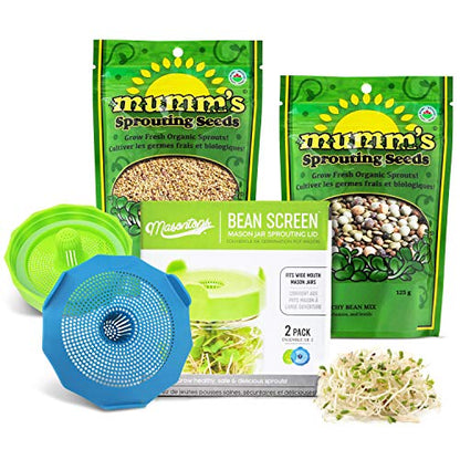 Masontops Bean Screen Sprouts Growing Kit - Sprouting Lids & Sprout Mixes Microgreens Growing Kit - Sprouting Kit Wide Mouth Mason Jar Strainer Lid - size: Bean Screens Kit (2 Screens, 2 Seed Mixes)