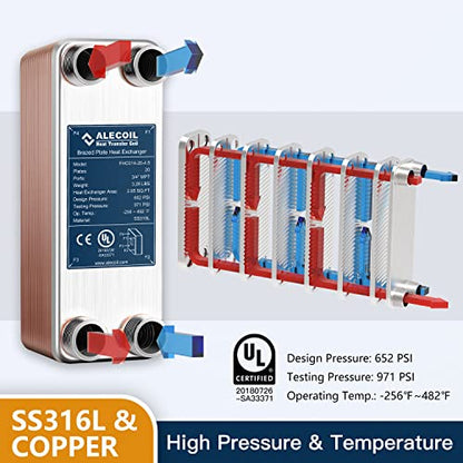 ALECOIL 3"x8"-20 Plates Heat Exchanger with 3/4" MPT Port Water to Water 316L Stainless Steel Brazed Plate Heat Exchanger for Water Heating, Floor Heating, Industrial and Commercial Refrigeration - size: 3"X8"-20P