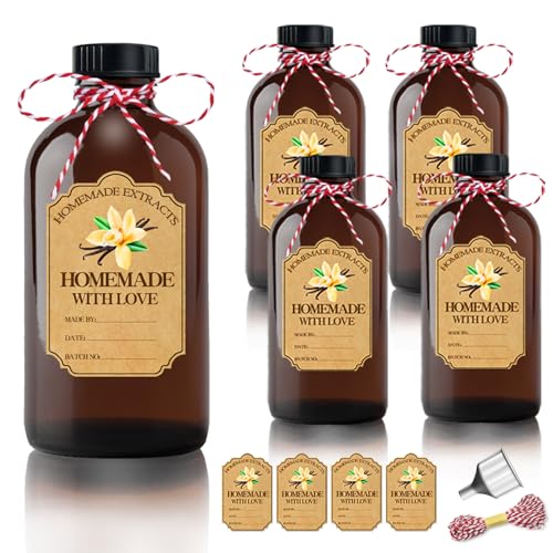 4Pcs 16 oz Amber Glass Bottle Brown Round Bottles with Caps, for Vanilla Extract Homemade, with Stickers and Funnel, for Syrup Gift Glass Food Storage Canister Set, Sauce Beans, Essential Oil - color: 4 Pcs 16 Ounce