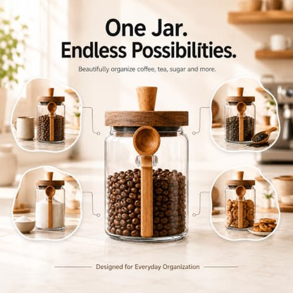ANSQU Set of 2 Glass Coffee Canisters, 20.3 oz Jar with Spoon | Coffee Bar Organizer, Coffee Jar with Wooden Lid, Coffee Grounds Container - size: 20.3oz-2pack (φ3.54")