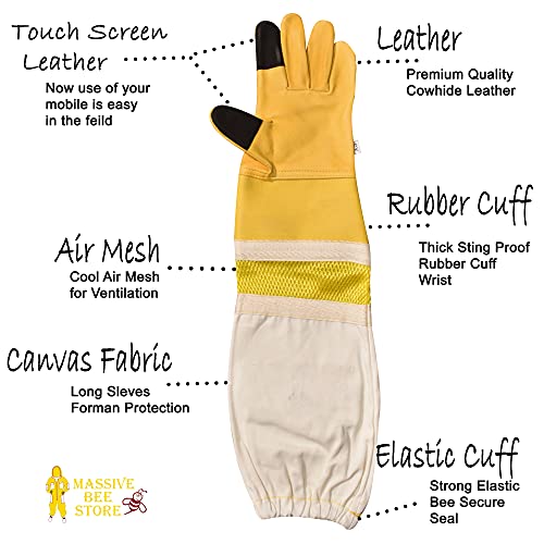 Massive Bee Cowhide Beekeeping Ventilated Cowhide Leather Gloves Yellow Rubber Cuff Then Yellow Mesh with Off white jeans - color: Touchscreen Gloves, size: X-Large