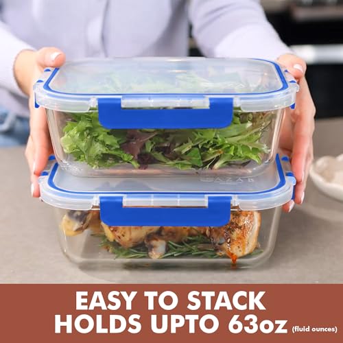 Razab 2 Pcs 1860ml / 63 Oz Large Glass Food Storage Containers with Lids - Glass Meal Prep Containers with Locking Lids for Roasting, Storing Leftover, Lunch Container, BPA Free, Microwave & Oven Safe - color: Blue
