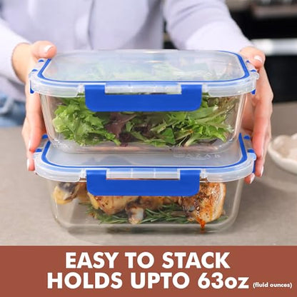 Razab 2 Pcs 1860ml / 63 Oz Large Glass Food Storage Containers with Lids - Glass Meal Prep Containers with Locking Lids for Roasting, Storing Leftover, Lunch Container, BPA Free, Microwave & Oven Safe - color: Blue