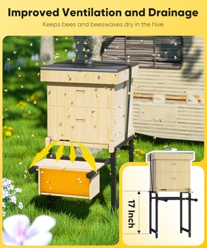 Mondazie Adjustable Metal Bee Hive Stand with Detachable Beehive Frame Holder for 8 & 10 Frame, 12 to 19 Inches Width Flow Hives Stand with 120-Inches Strap, Flowhive Stands Base for Beekeeping, Black - color: Black - With Frame Holder