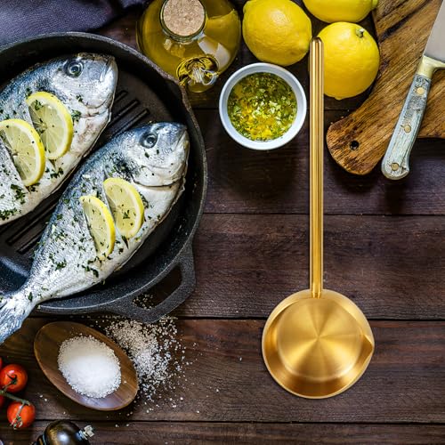 IMIKEYA Ladle with Pour Spout : Stainless Steel Soup Ladle Long Handle Water Dipper Premium 280ml Oil Spoon for Kitchen Cooking Serving Sauce Silver Tool - color: Golden