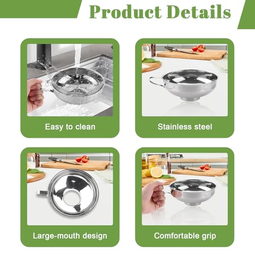 3PCS Stainless Steel Canning Funnel, 5.8in Large Funnel Wide Mouth with 2.2in Spout, Versatile Kitchen Funnels for Filling Bottles, Fits Oil, Jam, Honey & Flour, Canning Accessories