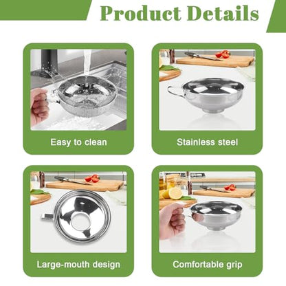 3PCS Stainless Steel Canning Funnel, 5.8in Large Funnel Wide Mouth with 2.2in Spout, Versatile Kitchen Funnels for Filling Bottles, Fits Oil, Jam, Honey & Flour, Canning Accessories