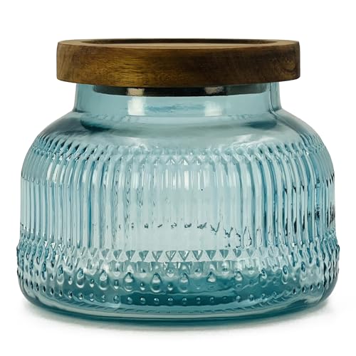 Decorative Blue Glass Jar with Airtight Wooden Lid 25.4 oz, Wide Mouth Vintage Kitchen Food Storage Container for Cookie Candy Honey Flour Spice Coffee Tea, Home Decor Sand Candle Holder Vase - size: 25.4 Ounces, style: Blue Ribbed