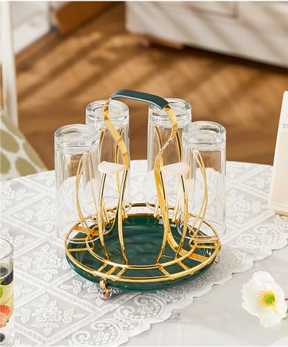 Cup Drying Rack Beer Glasses Stand 6 Mugs Metal Drainer Holder Non-Slip Mugs Organizer with Handle for Sink, Coffee Table, Outdoor - color: Green