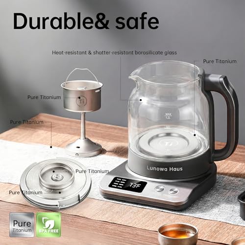 120V Titanium & Glass Electric Tea Kettle, Pro Steam Extraction for All Teas (Green, Black, Oolong), 11 Temp & 10 Strength Levels, 1.2L, 12H Keep Warm, BPA-Free, 1 Infusers - color: Grey with Extraction Tea Infuser