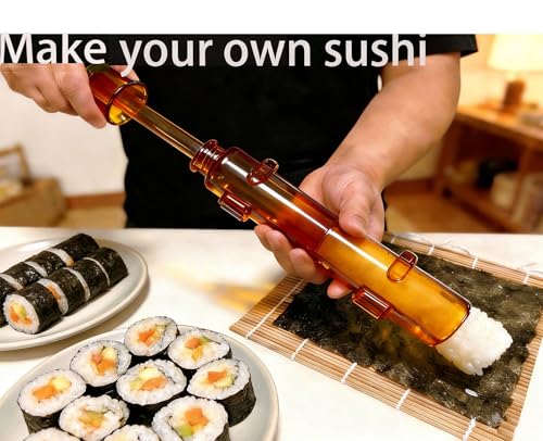 Sushi Making Kit – Clear Sushi Bazooka Roller & Bamboo Sushi Rolling Mat, Easy DIY Sushi Maker Tool Set for Beginners, Homemade Sushi Rolls for Kitchen & Party (Clear Amber) - color: Clear Amber