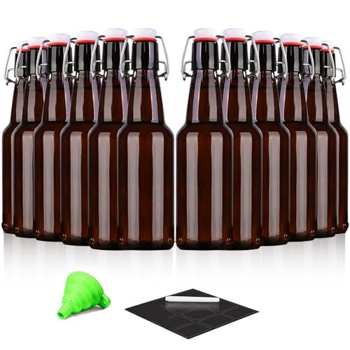 Amber Beer Bottles with Flip Caps, 12oz Glass Bottle with Swinging Top for Airtight Lids, Home Brewing and Fermentation Kombucha, Vanilla Extract, Beverage, Water, Kefir (12 Pack) - size: 12 Ounces (12 Pack)