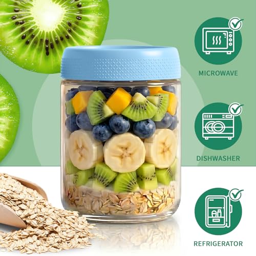 6 Pack Overnight Oats Containers with Lids, Mason Jars 16 oz with Lids, Reusable Glass Jars, Parfait Cups with Lid for Yogurt, Chia, Pudding, Snack, Food, Spice, Breakfast, Salad, Sugar - color: Fresh Morning