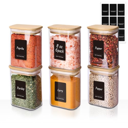 Comsaf Spice Jars with Label，8 oz Small Glass Jars with Lids, 6 Pcs Seasoning Containers, Rectangle Glass Containers with Lids, Empty Seasoning Jars for Pantry Storage, Loose Tea, Herbs, Powders, Salt - size: 8oz-6Pcs