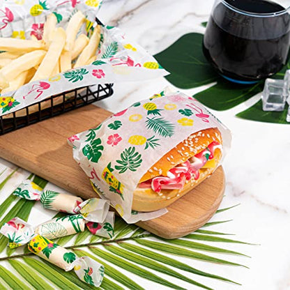100 Pcs Hawaii Luau Wax Paper for Food, Waterproof Oil-proof Picnic Basket Liners with Leaf Pattern, 8.6 x 9.8 inches - color: Luau