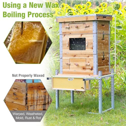 GUTINNEEN Bee Hive with Metal Frame and Stand, 10-Frame Langstroth Beehive Dipped in 100% Beeswax, Bee Hives Box Includes Wooden Frames & Waxed Foundations