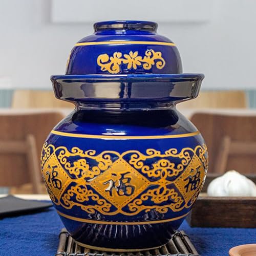 Large Ceramic Pickle Jar with Lids, Blue Traditional Chinese Porcelain Pickle Jar,Ceramic Fermentation Crock with Water Seal Airlock Lid,Sauerkraut Crock for Picklin 2kg (2kg - size: 2kg