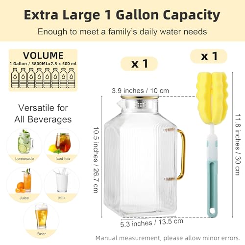 Kochorie 1 Pack 1 Gallon/128 oz Square Glass Pitcher with Lid & Cleaning Brush, Thickened Borosilicate Glass Carafe for Hot/Cold Drink, Extra Large Jug with Handle for Iced Tea, Juice, Lemonade