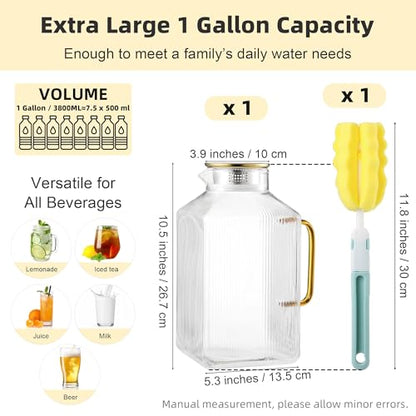 Kochorie 1 Pack 1 Gallon/128 oz Square Glass Pitcher with Lid & Cleaning Brush, Thickened Borosilicate Glass Carafe for Hot/Cold Drink, Extra Large Jug with Handle for Iced Tea, Juice, Lemonade