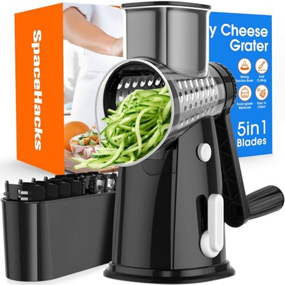 Rotary Cheese Grater Hand Crank, 5-in-1 Vegetable Shredder Chopper Spiralizer Slicer with 5 Interchangeable Blades for Vegetable, Cheese, Fruit, with Blades Storage Box & Stable Suction Base (Black) - color: Black