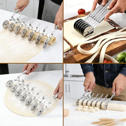 Juome 7 Wheel Pastry Cutter with Handle, Multi-Round Wheel Pasta Dough Cutter Roller Stainless Steel Pizza Slicer Accordion Pastry Knife Divider Tool - color: 7 wheel Pastry Cutter