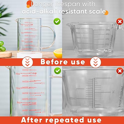 2 Cup Glass Measuring Cup with Handle, 77L High Borosilicate Glass Measuring Cup with V-Shaped and Three Scales (Cup, OZ, ML), Glass Liquid Beaker with Silicone Base, Double-Sided Measure Scales - size: 2 Cup, 500ML