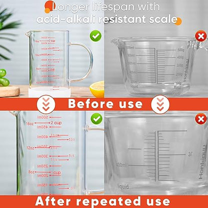 2 Cup Glass Measuring Cup with Handle, 77L High Borosilicate Glass Measuring Cup with V-Shaped and Three Scales (Cup, OZ, ML), Glass Liquid Beaker with Silicone Base, Double-Sided Measure Scales - size: 2 Cup, 500ML