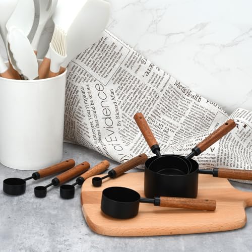 Black Measuring Cups and Spoons Set, Measuring Spoons and Measuring Cup Set for Cooking & Baking with Wood Handle - color: Black