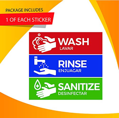 Wash, Rinse, Sanitize Labels for 3 Compartment Sink, 2.75″ x 9″ Perfect Sticker Signs for Restaurants, Commercial Kitchens, Food Trucks, Bussing Stations, Dishwashing or Wash Station (1 Pack)
