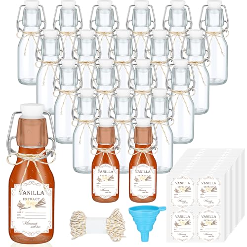 Queekay 20 Pack Mini Swing Top Glass Bottles for Vanilla Extract Homemade Olive Oil Bottles with Lids Airtight Cap Lids Labels for Wedding Baby Shower Favors(Clear,4oz) - color: Clear, size: 4 oz