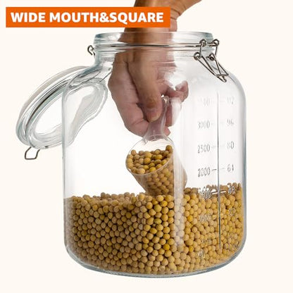 2 Pack 1.1 Gallon Square Super Wide Mouth, Airtight Glass Storage Jars, with Measurement Marks, Leak-Proof Lids for Kitchen Pantry, Canning, Dry Food (Flour, Sugar) & Drinks - size: Wide Mouth Set of 2