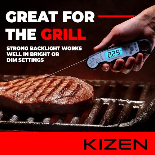 KIZEN Instant Read Meat Thermometer Digital - Food Thermometer for Cooking, Grill, Oven, BBQ - IP67 Rated Waterproof - Large Backlit Display and Magnetic Back