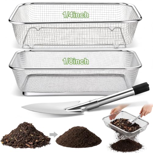 Set of 3 Soil Sifter for Gardening 2 Stainless Steel Sand Rocks Compost Soil Sieve with 1 Trowel 1/4 Inch 1/8 Inch Mesh Dirt Sifter for Gravel Potting Sawdust