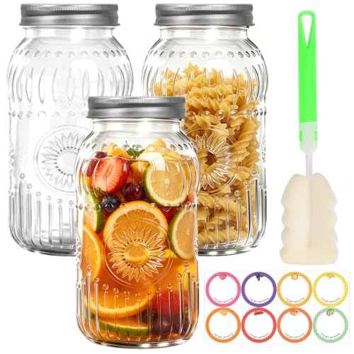 64 oz Wide Mouth Glass Mason Jar Half Gallon 3 Pack with Airtight Lids | Large Canning Jars with Silver Separable Lids for Fermenting, Pickling, Storing Food, Meal Prep, Salad & DIY Crafts - color: 64fl.oz 3pack