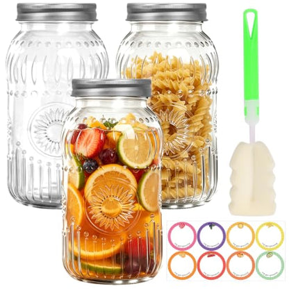 64 oz Wide Mouth Glass Mason Jar Half Gallon 3 Pack with Airtight Lids | Large Canning Jars with Silver Separable Lids for Fermenting, Pickling, Storing Food, Meal Prep, Salad & DIY Crafts - color: 64fl.oz 3pack