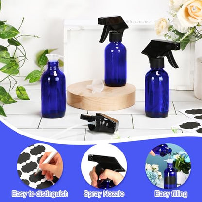 Fumete 20 Pcs 4 oz Glass Spray Bottles Empty Refillable Sprayer Containers with Funnels Labels Black Trigger Sprayers Spray Bottles for Essential Oil DIY Kitchen Hair Plants(Blue) - color: Blue