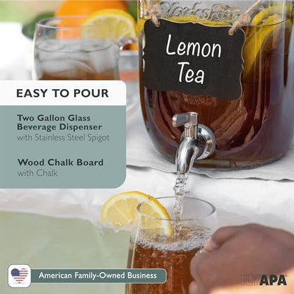 Ilyapa 2 Gallon Drink Dispenser - Wide Mouth Glass Drink Dispenser - 100% Leak Proof Stainless Steel Spigot with Glass Flip Top Lid, for Any Event - size: 2 Gallon