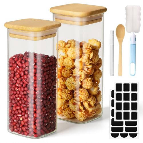 Glass Jars with Bamboo Lids, 2 Pack 13 Fl.oz Square Glass Canister with Airtight Lids, Clear Spice Jars Sugar Coffee Containers for Tea, Candy, Oats - Included Labels, Spoon and Marker - color: 2 Pack, size: 13 fl.oz