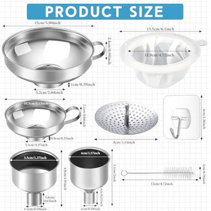 12 Pcs Stainless Steel Canning Funnels for Wide Mouth Mason Jars, Set with Strainer