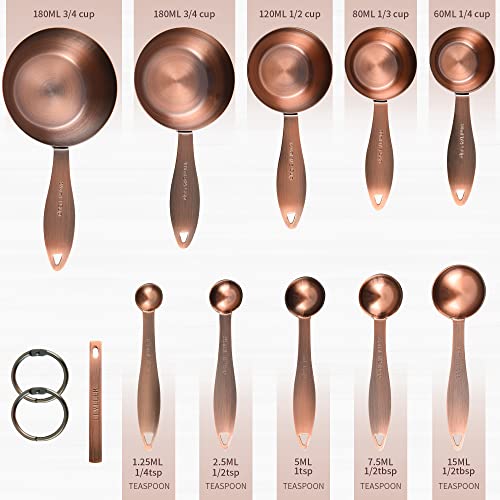 Copper measuring cups and spoons set,Includes Stainless Steel 5 Measuring Cups and 5 Measuring Spoons and Measure Ingredient Leveler and Rings（copper）