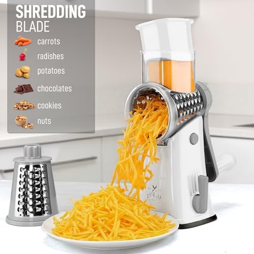 Zulay Kitchen Rotary Cheese Grater 5 Blade Cheese Shredder - Manual Hand Crank Cheese Grater With Reinforced Suction & 5 Interchangeable Drums - Easy to Use, Vegetable Chopper Round Mandoline Slicer - color: Gray and White